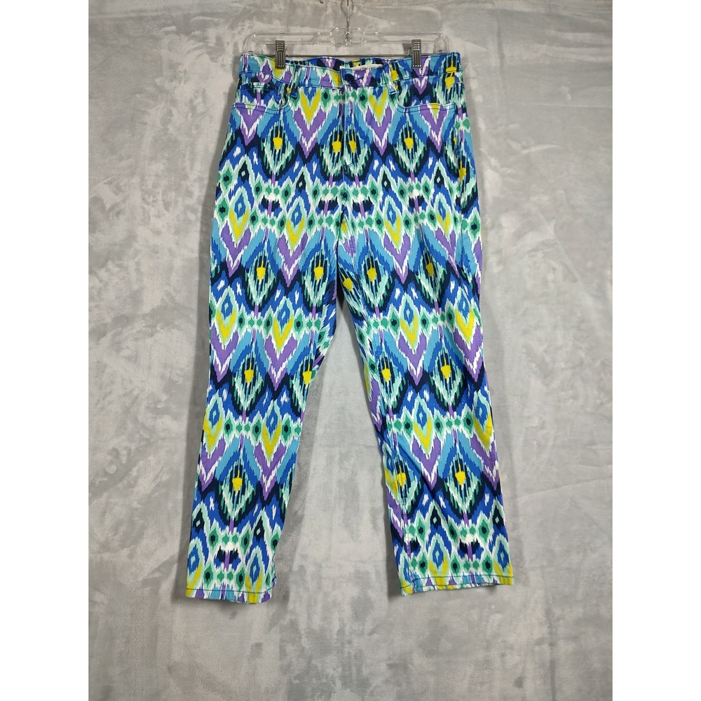 Jones New York Jeans Womens 10 City Cuffed Capri Pants Ikat Diamond Print Blue